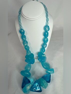 Chunky Aqua Blue Statement Necklace Lucite Acrylic Beaded Bold